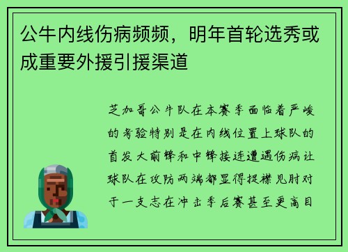 公牛内线伤病频频，明年首轮选秀或成重要外援引援渠道