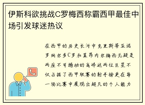 伊斯科欲挑战C罗梅西称霸西甲最佳中场引发球迷热议